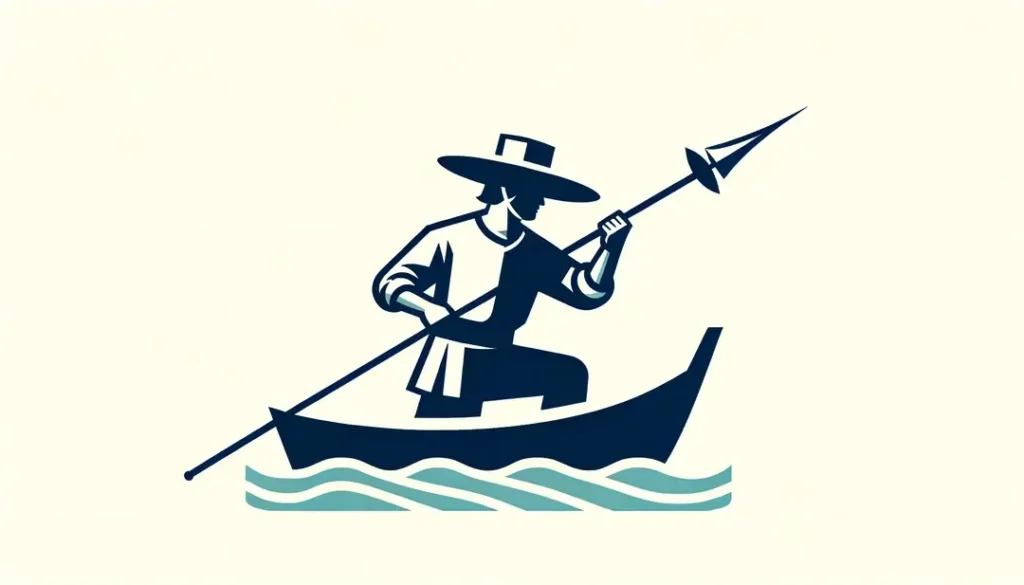 Ilustración minimalista de una figura humana en una justa náutica sobre un bote en Sète