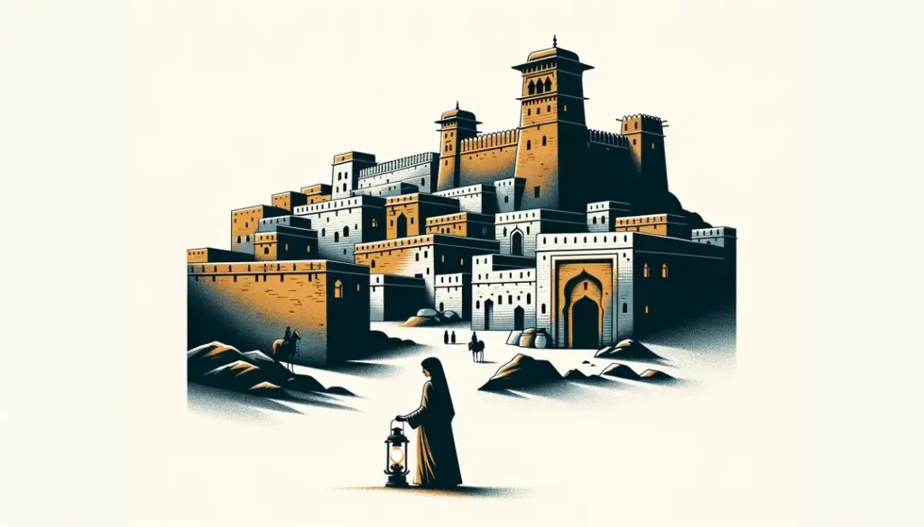 Ilustración de un pueblo fortificado medieval con un guardián como símbolo de vigilancia