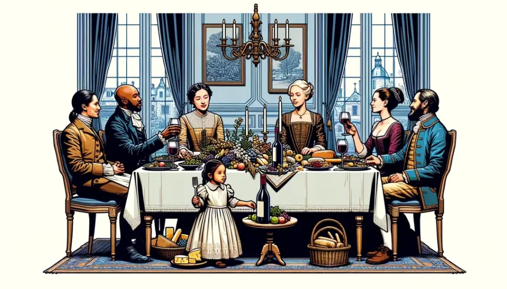 Ilustración minimalista de una familia francesa disfrutando de una sobremesa con vino y queso en el contexto histórico del Renacimiento