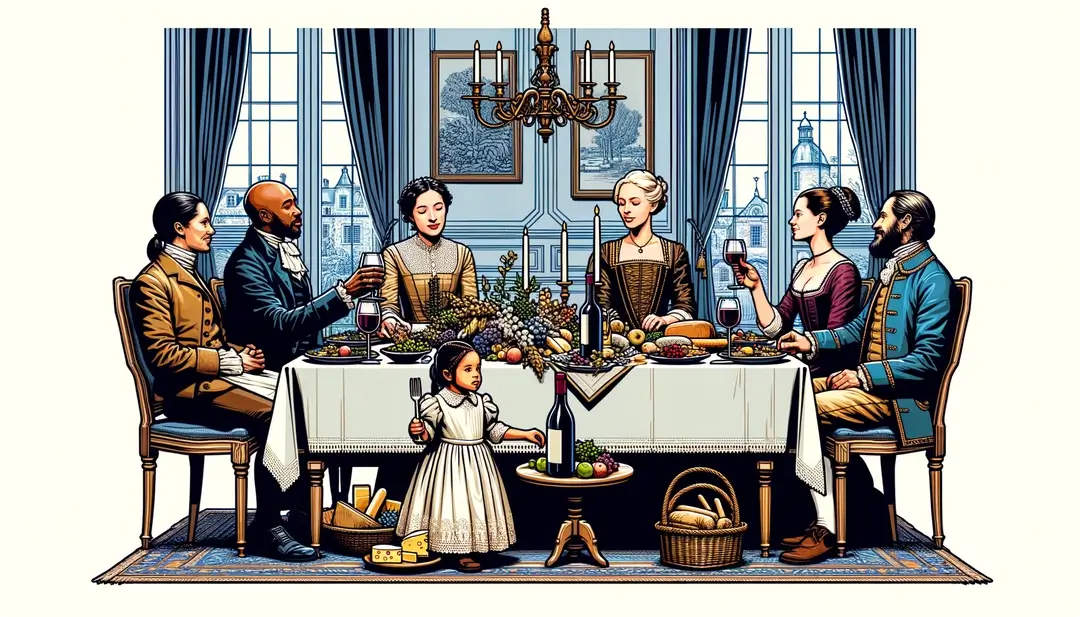 Ilustración minimalista de una familia francesa disfrutando de una sobremesa con vino y queso en el contexto histórico del Renacimiento