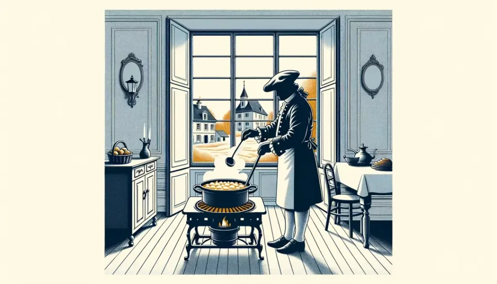 La imagen muestra una escena de cocina francesa del siglo XVIII con sopa de cebolla gratinada en el fuego