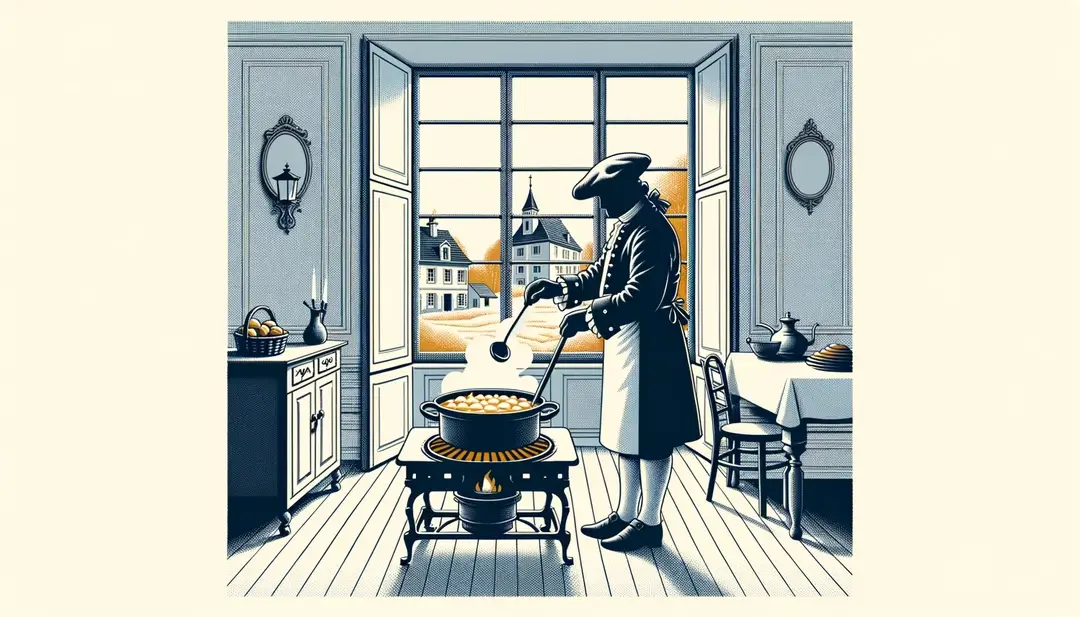 La imagen muestra una escena de cocina francesa del siglo XVIII con sopa de cebolla gratinada en el fuego