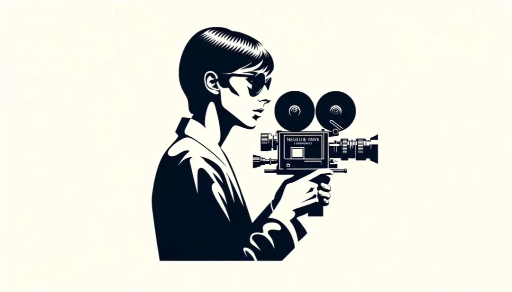 Ilustración de un director de cine de los años 60 en acción con cámara de mano