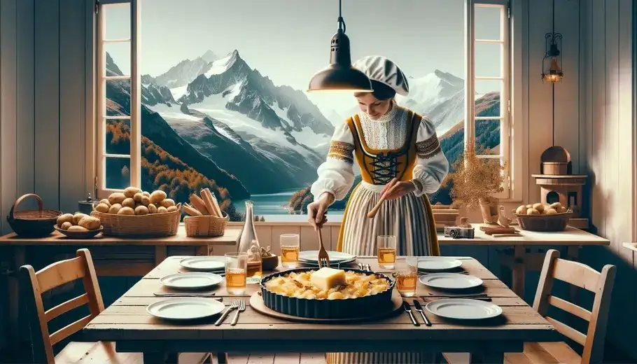 Ilustración minimalista de una persona preparando tartiflette con queso Reblochon en los Alpes franceses