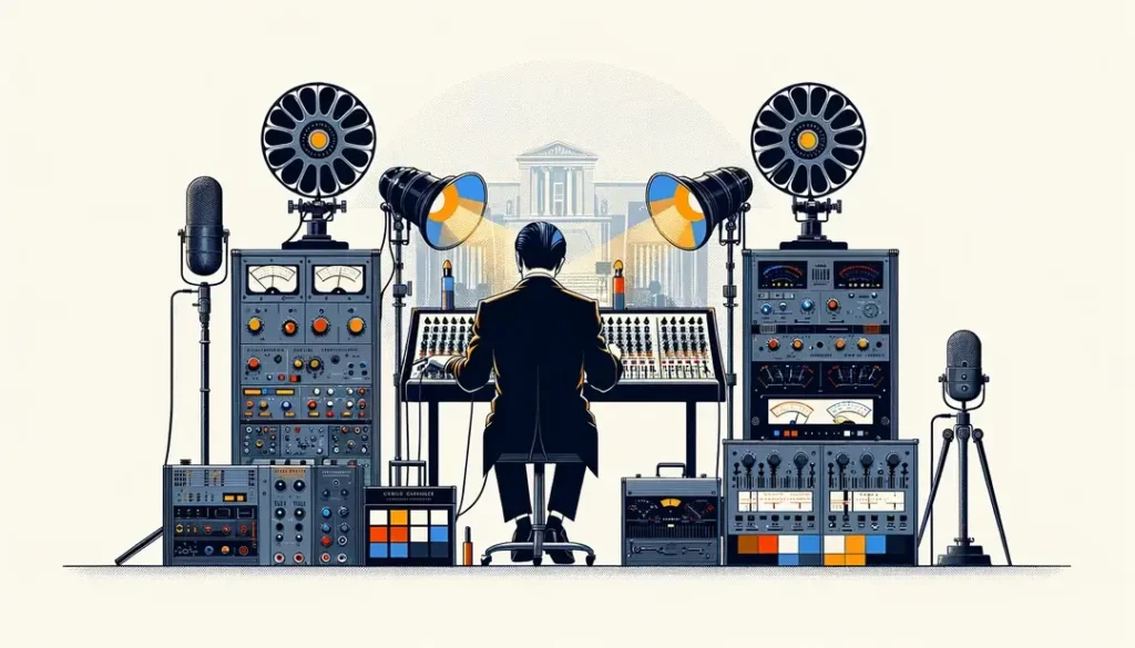 Ilustración de un director de cine francés de los 60 con equipo de sonido vanguardista
