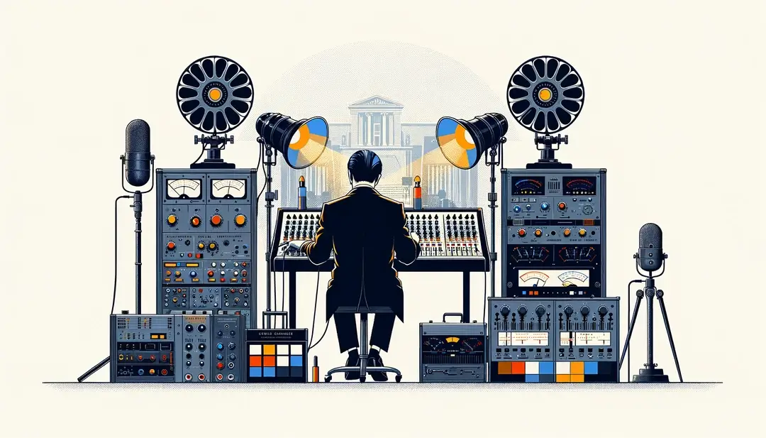 Ilustración de un director de cine francés de los 60 con equipo de sonido vanguardista