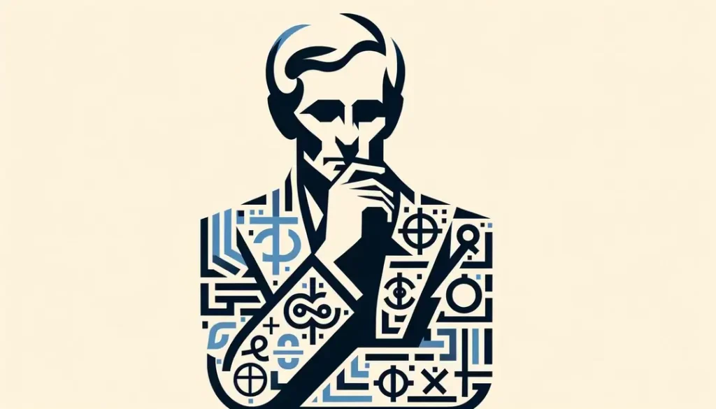 Representación minimalista de un intelectual francés del siglo XX reflexionando sobre la mediación simbólica