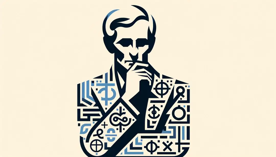 Representación minimalista de un intelectual francés del siglo XX reflexionando sobre la mediación simbólica