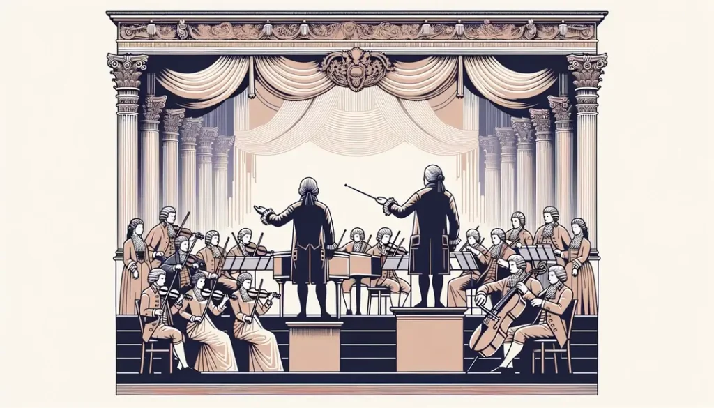 Escena de ópera barroca con Jean-Baptiste Lully y orquesta