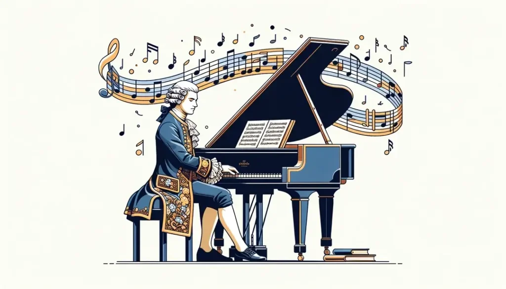 Ilustración de un compositor francés del siglo XVII en un piano