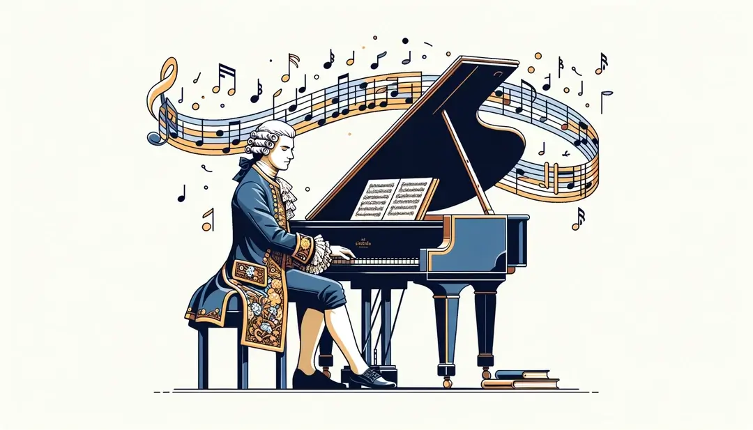 Ilustración de un compositor francés del siglo XVII en un piano