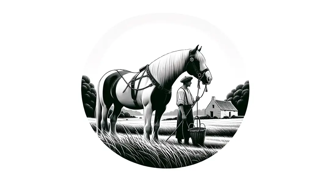 Ilustración minimalista de un caballo bretón con un campesino tradicional en Ille-et-Vilaine