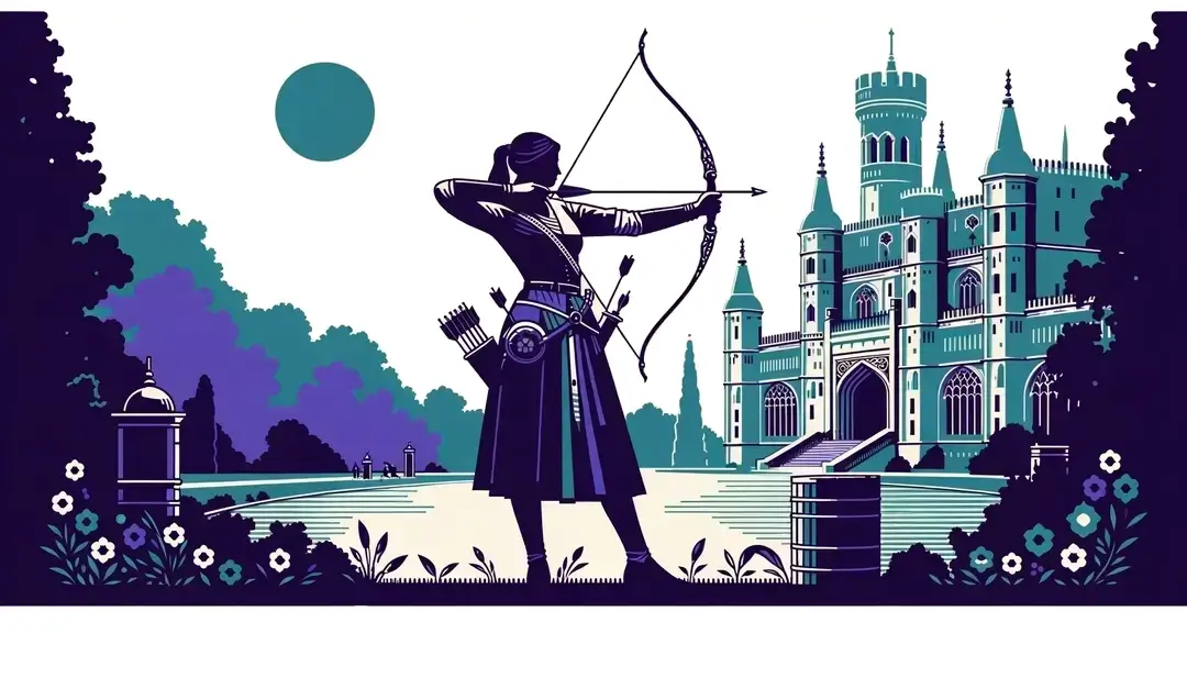 Ilustración minimalista de un torneo de tiro con arco en un castillo renacentista