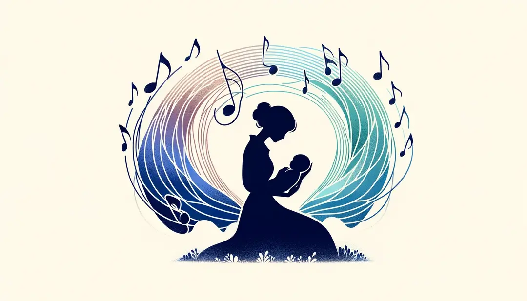 Ilustración minimalista de una madre y su bebé europeos rodeados de notas musicales
