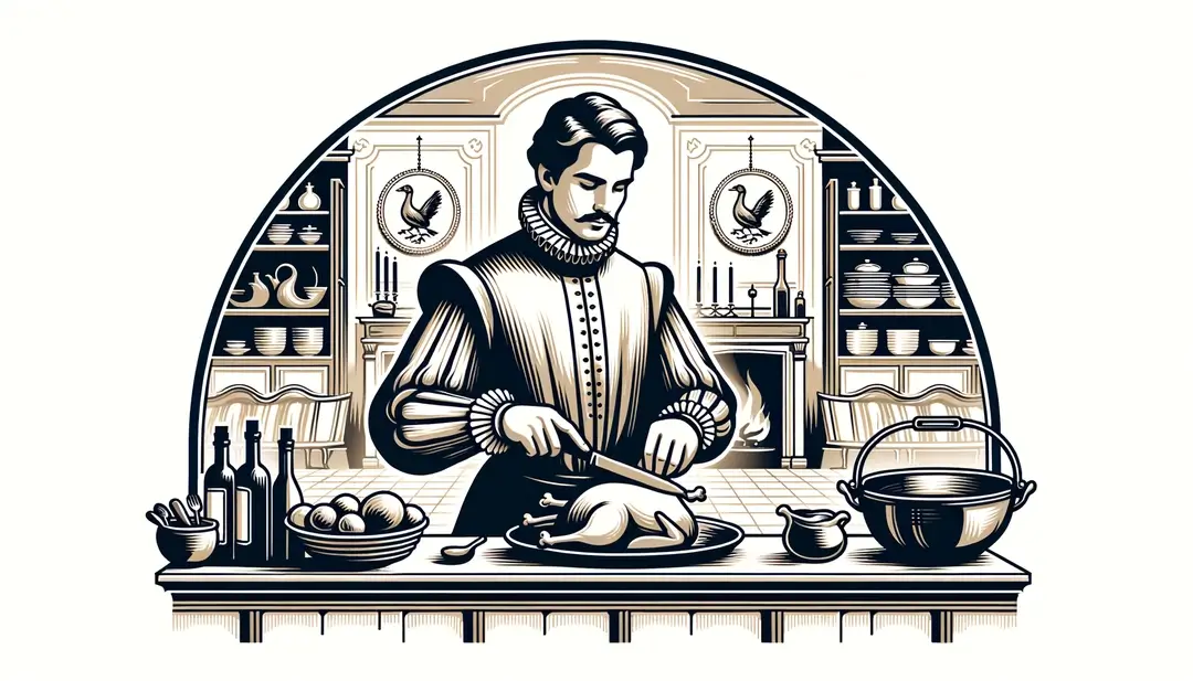 Ilustración minimalista de un chef francés del siglo XVI en la cocina
