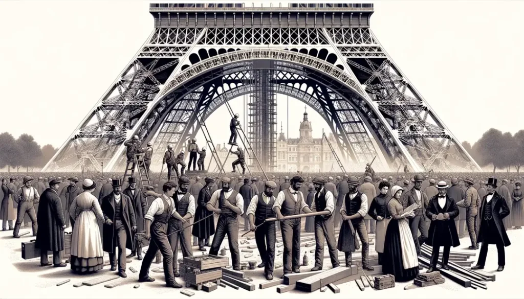 Ilustración minimalista de obreros durante la construcción de la Torre Eiffel en el siglo XIX