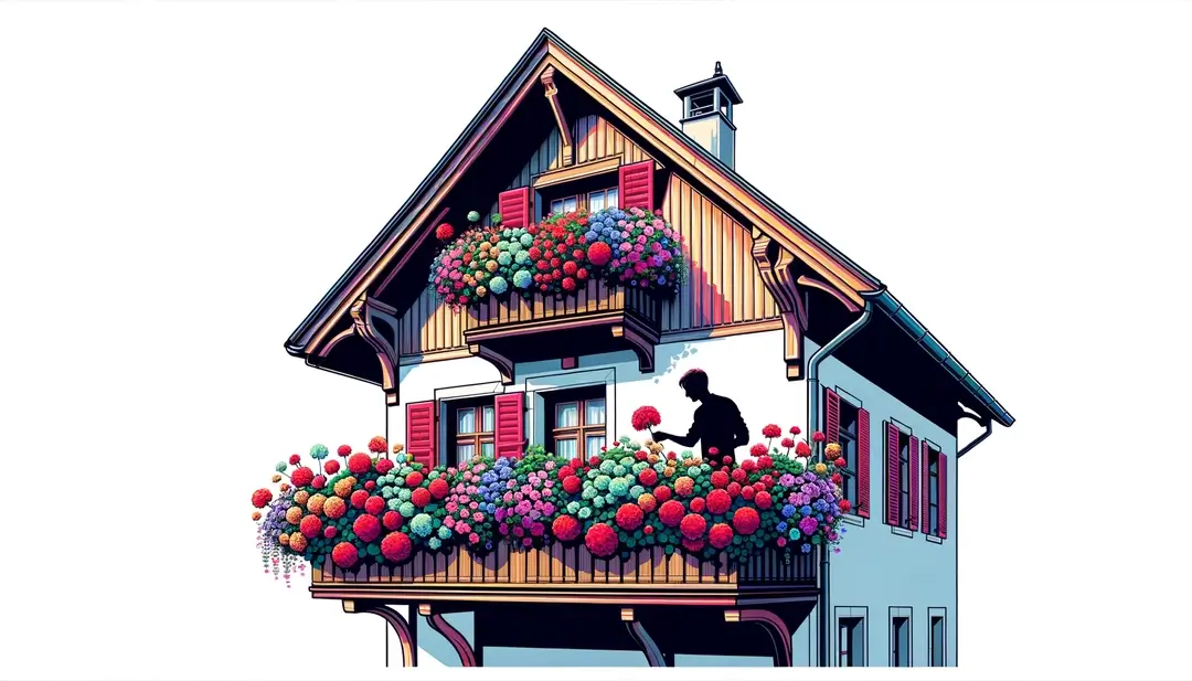 Imagen de un balcón alsaciano decorado con geranios y petunias vibrantes y una persona cuidando las plantas