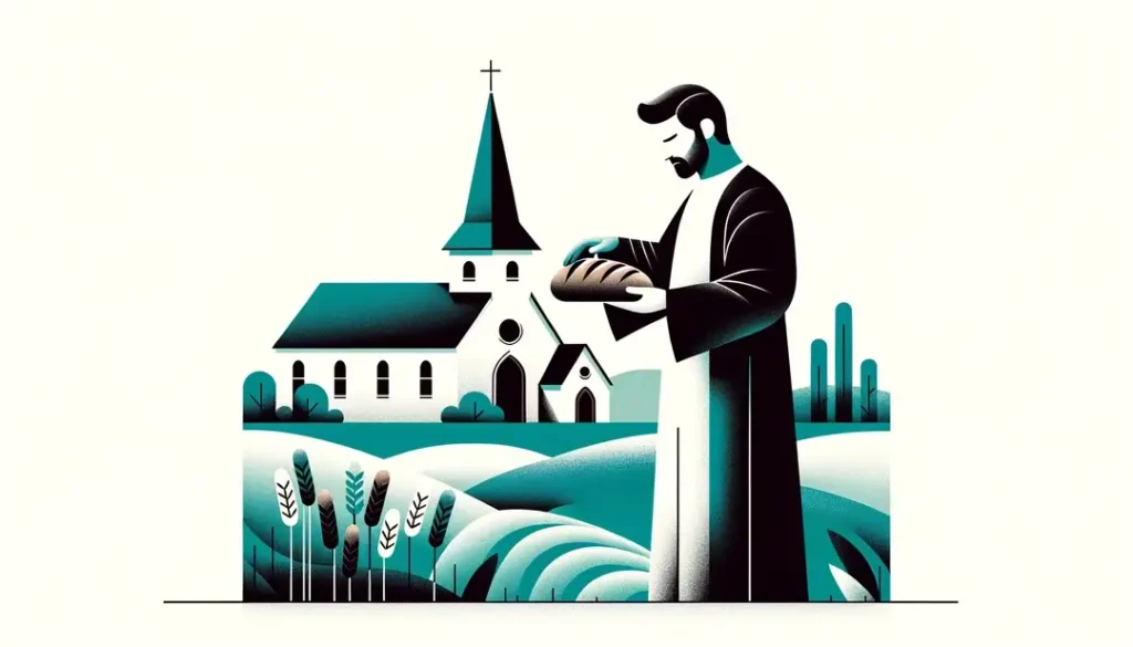 Ilustración minimalista de una persona bendiciendo pan en una iglesia rural