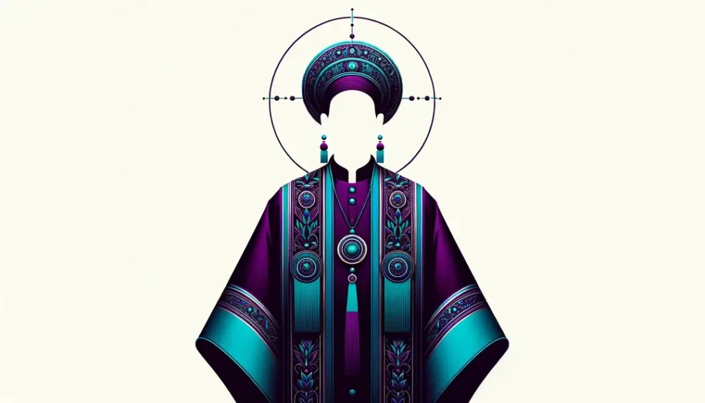 Ilustración minimalista de una figura humana con vestiduras litúrgicas en un entorno espiritual y cultural