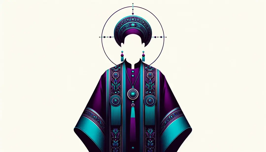 Ilustración minimalista de una figura humana con vestiduras litúrgicas en un entorno espiritual y cultural