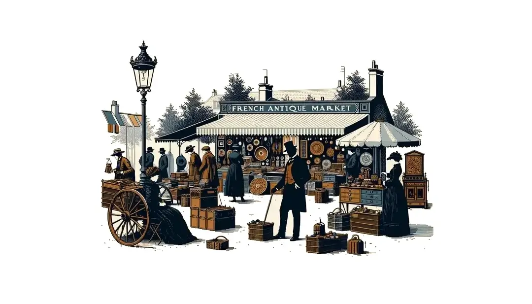 Ilustración de un mercado francés del siglo XIX con un brocanteur y objetos vintage