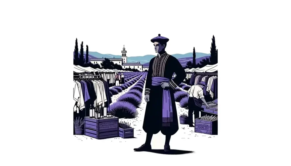 Ilustración de una feria provenzal con una figura humana vistiendo traje típico