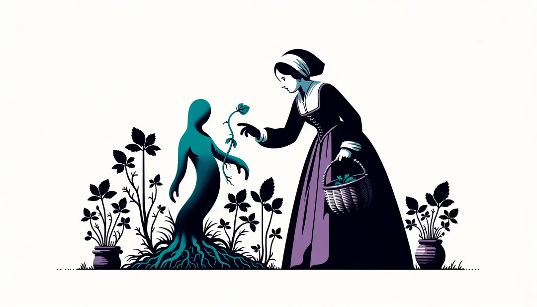 Ilustración minimalista de una herbolaria francesa medieval con una raíz de mandrágora