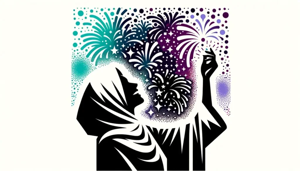 Ilustración minimalista de la figura humana celebrando el Día Nacional de Francia con fuegos artificiales