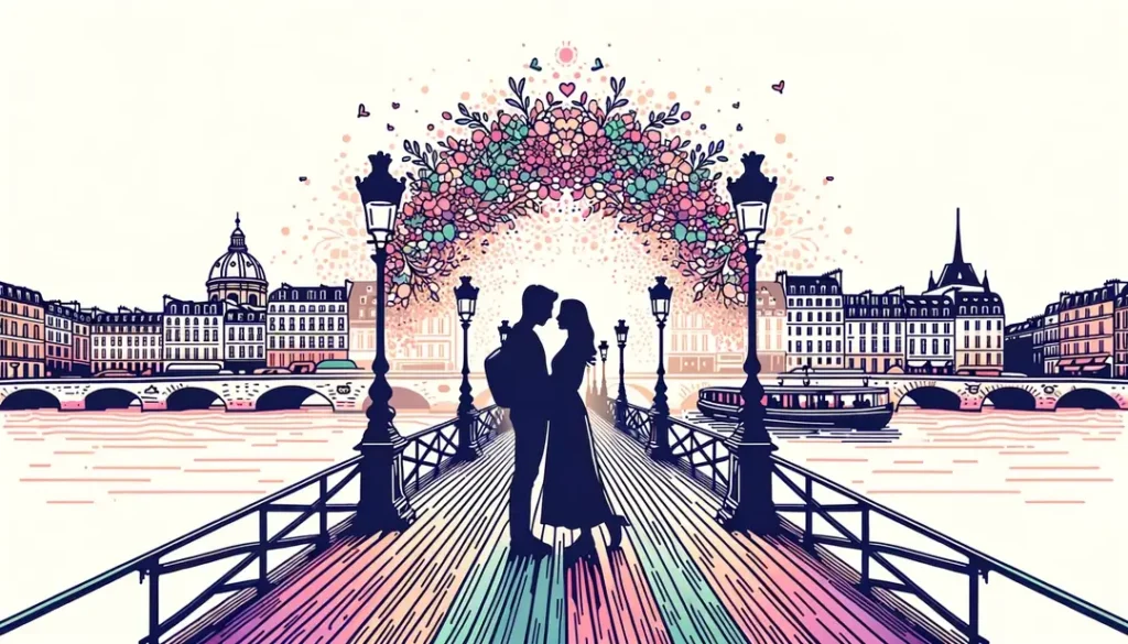 Ilustración minimalista de una pareja en el Pont des Arts