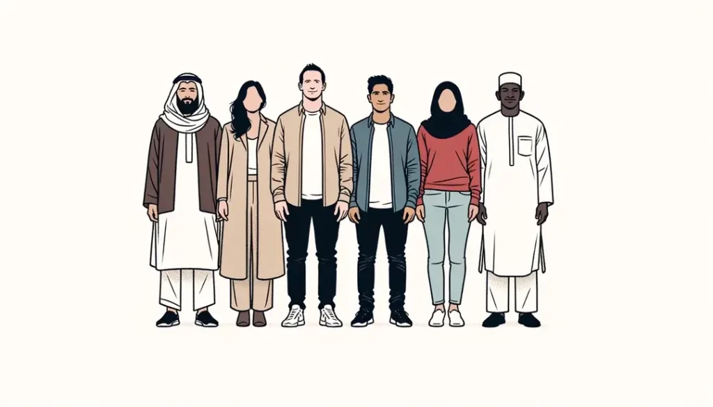 Grupos de figuras humanas simbolizando la unidad y la identidad nacional en un estilo minimalista