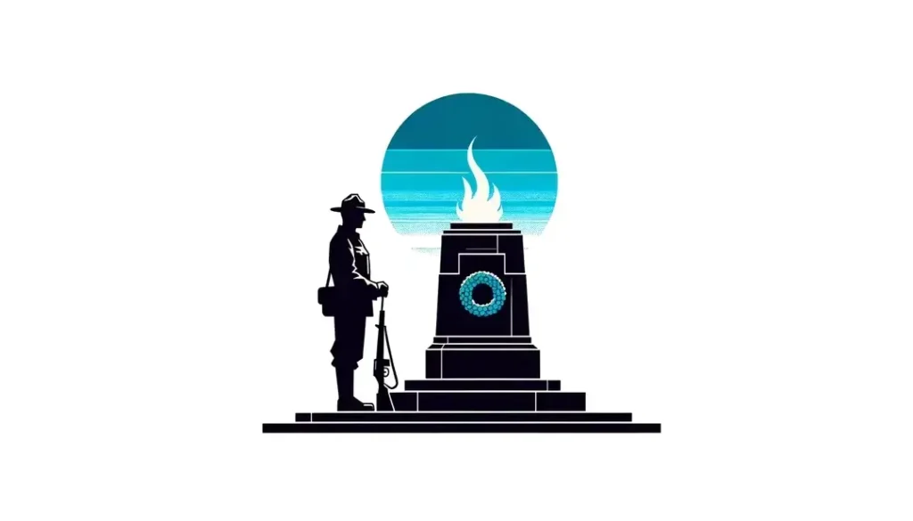 Ilustración minimalista de una figura humana junto a un monumento con llama eterna