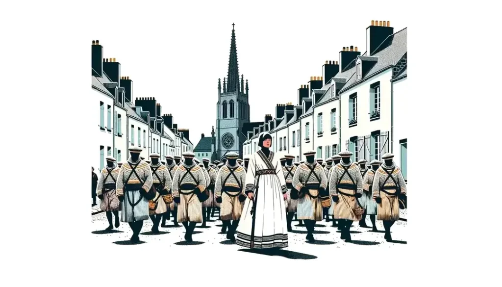 Ilustración minimalista de una figura humana en una procesión tradicional bretona con fondo blanco puro