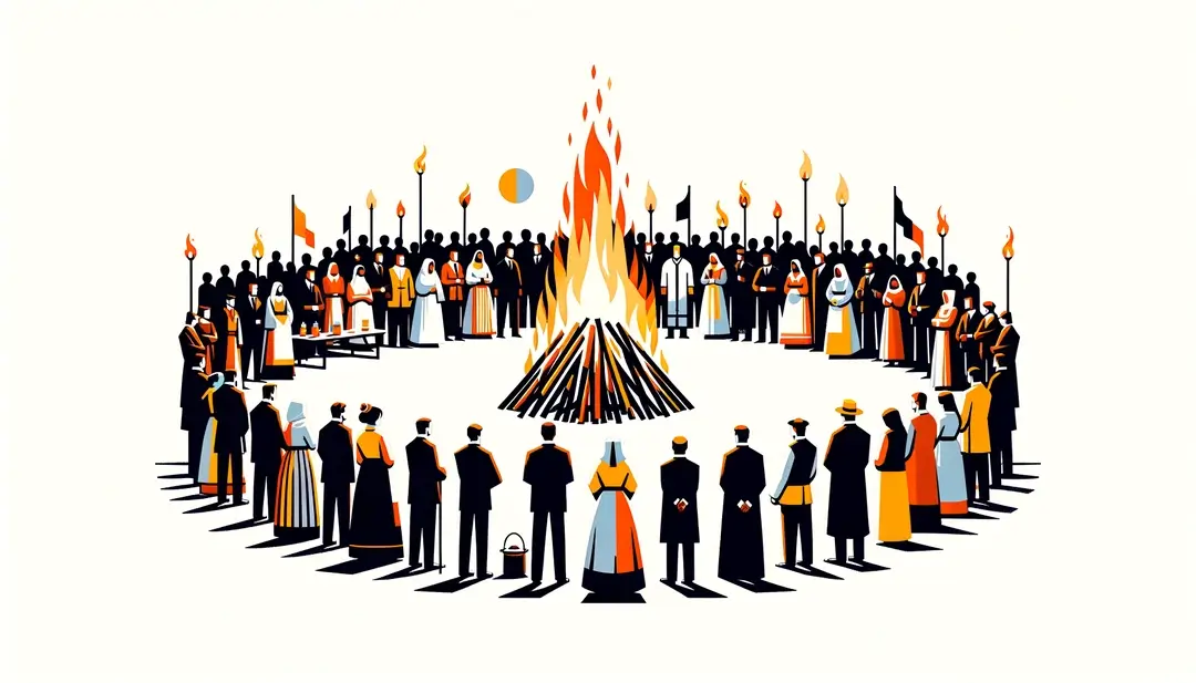 Una ilustración minimalista que representa la tradición de encender hogueras durante la Vigilia de Pascua con figuras humanas