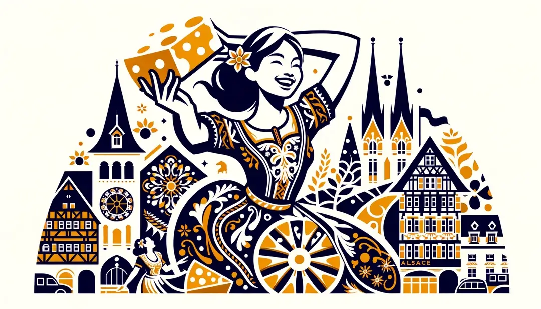 Ilustración minimalista de una figura humana en el festival de queso Munster en Alsacia