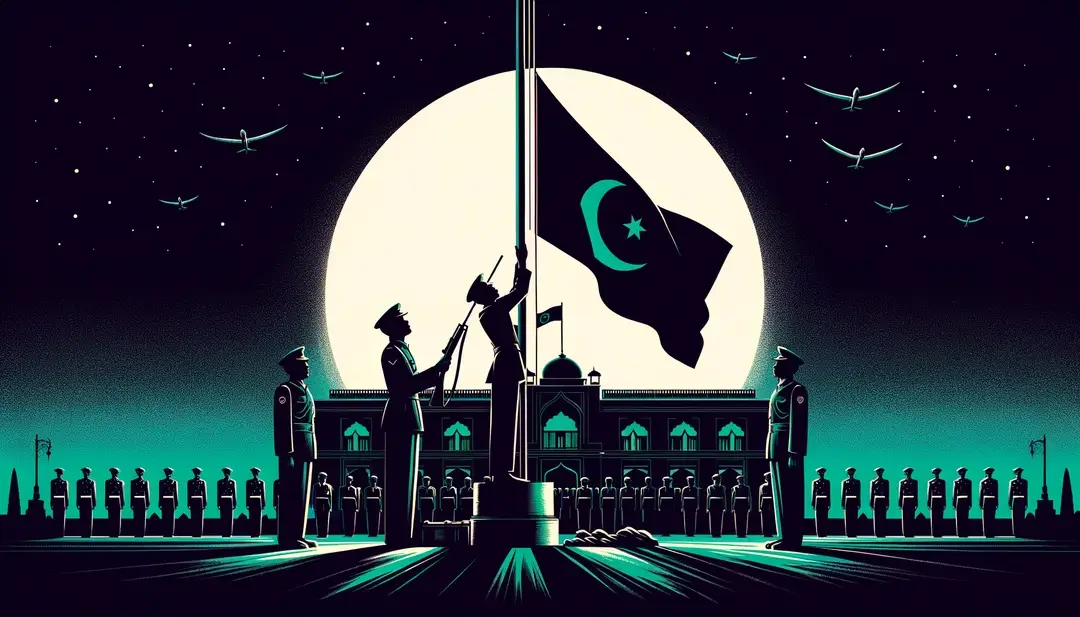 Ilustración minimalista de una persona izando la bandera al amanecer en un ayuntamiento