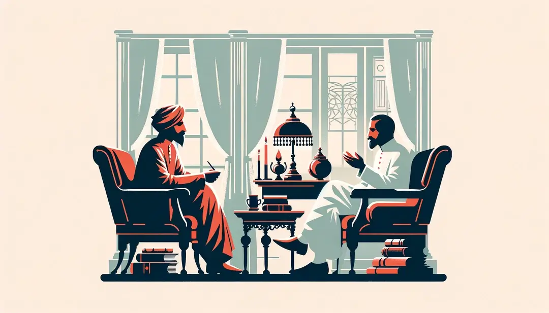 Ilustración minimalista de un salón literario histórico con fondo blanco