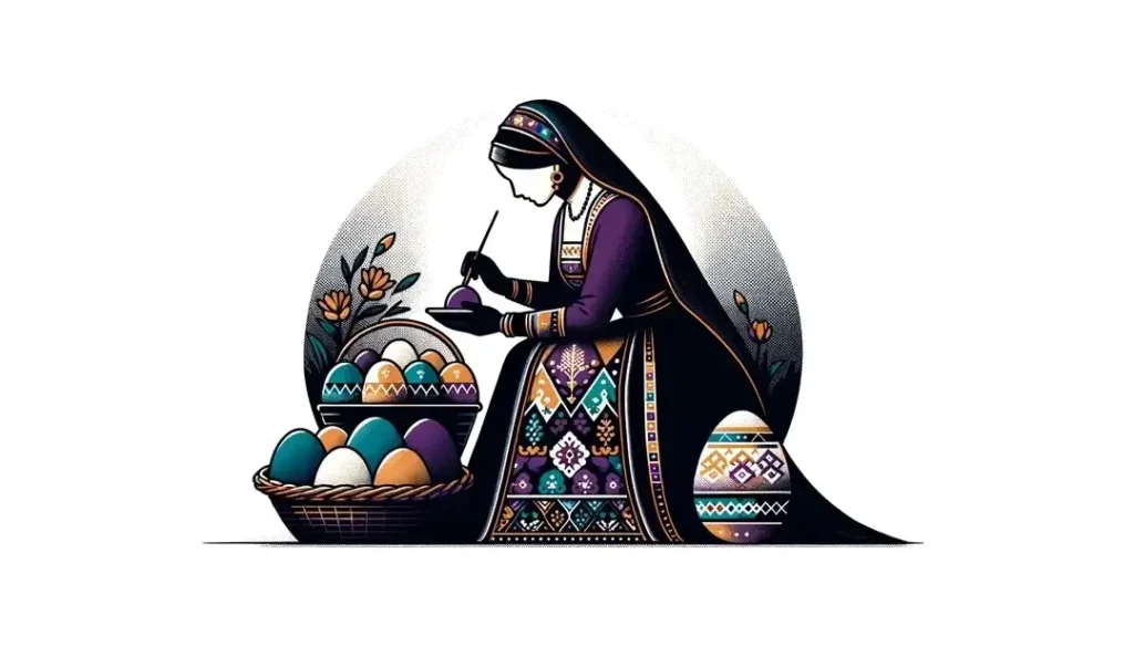 Ilustración minimalista de una persona francesa del pasado pintando huevos de Pascua en un estilo tradicional