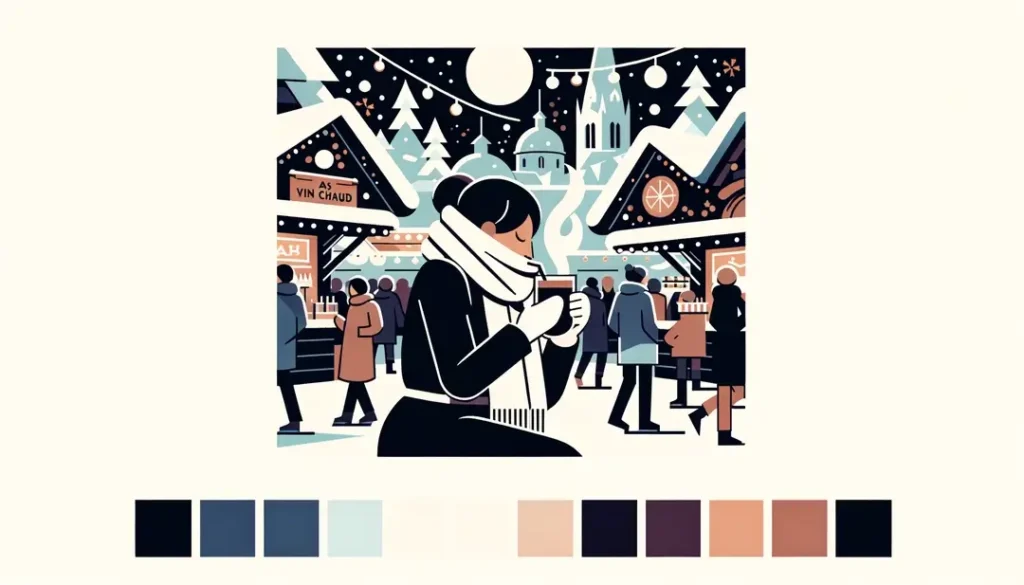 Imagen de una persona disfrutando de vin chaud en un mercado navideño con estilo minimalista y fondo blanco