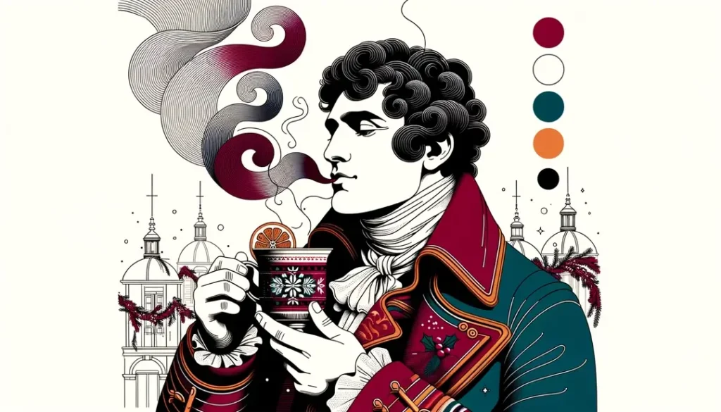 Figura histórica francesa disfrutando de vin chaud en un mercado navideño con ropa del siglo XVIII