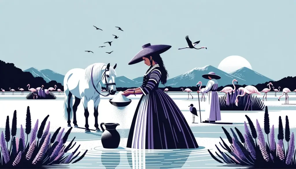 Mujer provenzal realizando el ritual de bendición en las salinas de Camarga