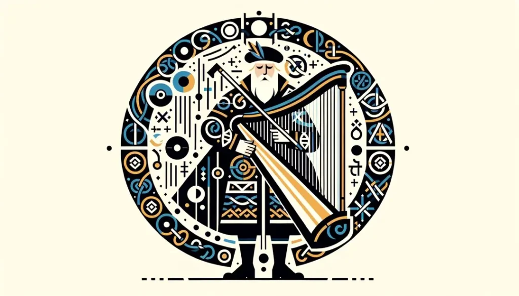 Ilustración de un músico celta tocando el arpa en un festival tradicional