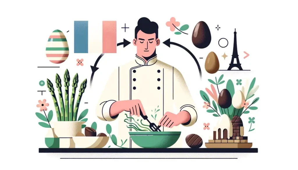 Escena culinaria francesa con un chef y elementos icónicos de primavera y Pascua