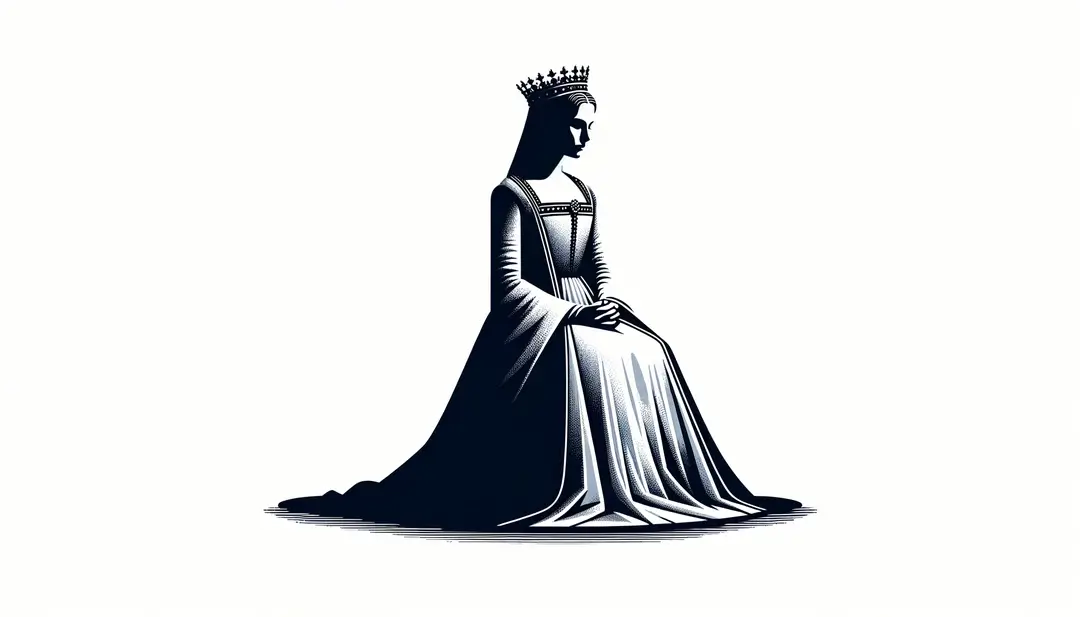 Escena histórica minimalista de La Reina Margot con figura humana y fondo blanco ilustrando elementos del poder monárquico
