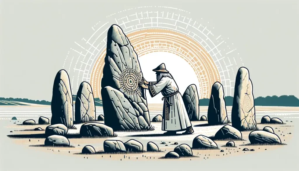 Ilustración de un antiguo dolmen en Bretaña con un druida