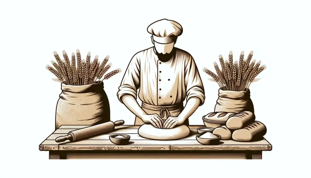 Panadero francés artesanal elaborando una baguette con harina de trigo selecto en una panadería rustica