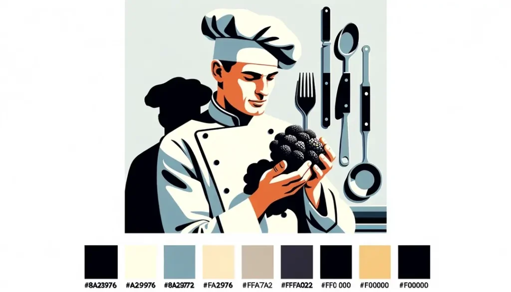 Ilustración minimalista de un chef francés sosteniendo una trufa negra del Périgord