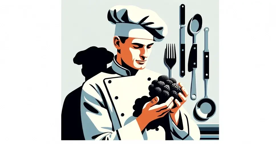 Ilustración minimalista de un chef francés sosteniendo una trufa negra del Périgord