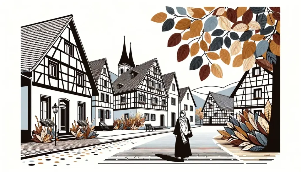 Ilustración minimalista de un pueblo alsaciano en otoño con arquitectura tradicional y figura humana caminando