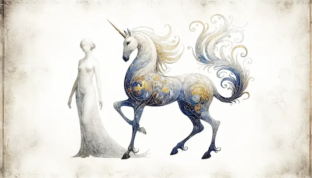 Ilustración minimalista de un unicornio con una doncella francesa medieval