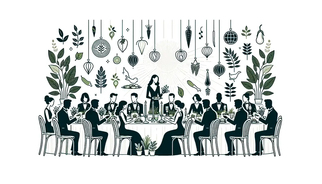 Ilustración de un banquete formal vegano en una recepción con decoraciones sostenibles